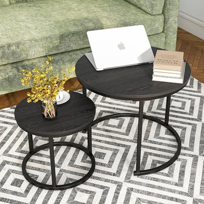 HOJINLINERO Round Nesting Coffee Table Set of 2,Small Black Coffee Table | Center Table for Living Room,Small Apartment,Small Space,Stacking Side Tables,Wood Tabletop,Sturdy and Easy to Assemble - color: Black, size: Small