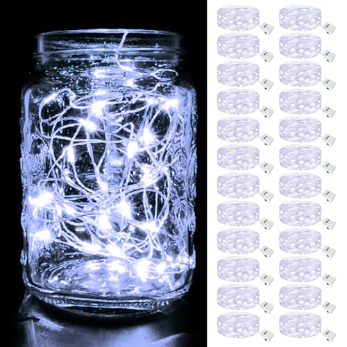 btfarm 24 Pack Fairy Lights Battery Operated Twinkle Lights with 3 Modes | 7Ft 20 Led String Light, Waterproof Bulk Small Mini Silver Wire for Christmas Mason Jars Wedding Table Centerpiece,Cool White - color: Cool White, size: 24 Pack