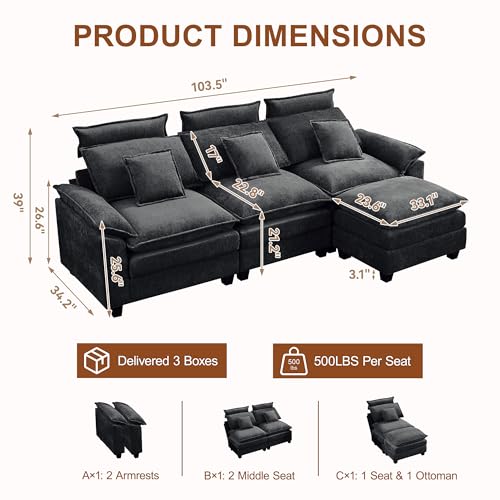 103'' Modular L Shaped Sofa, Cloud Deep Seat Sofa Couch with Ottoman, Detachable Headrest, 3 Seater Sectional Sofas for Living Room, Apartment, Studio, Dark Grey - color: Dark Grey, size: L Shaped Couch