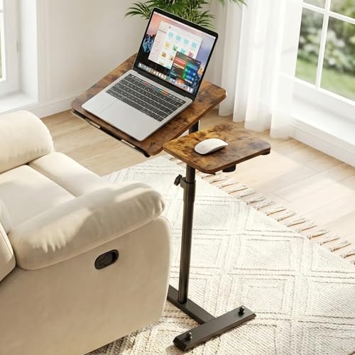 YUHFERA Rolling Table for Laptop Stand, Height and Angle Adjustable Over Bed Table with Wheels, Tilt-Top Laptop Desk for Couch with Cup Holder, Bed Table Tray for Eating (Brown) - color: Brown
