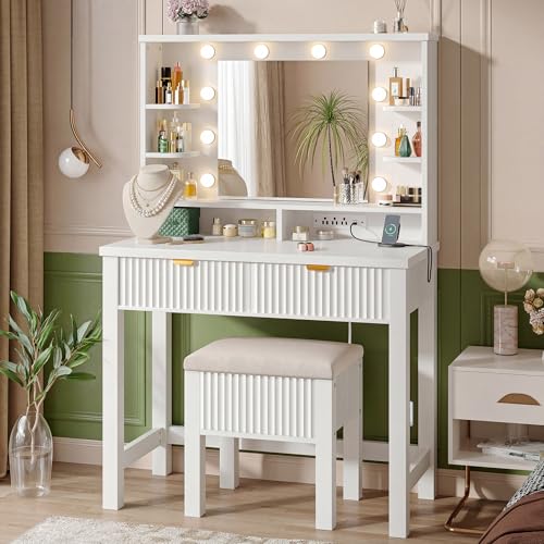 Homkdom Vanity Desk with Mirror and Lights, Makeup Vanity with 2 Large Drawers & Charging Station, Dressing Table Set with Storage Stool, 3 Color Modes Adjustable, Suitable for Small Space, White - style: White