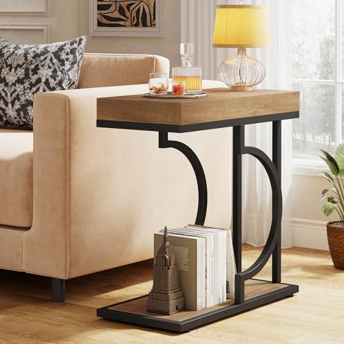 Tribesigns Narrow Side Table C Shaped End Table Modern Bedside Tables for Couch, Small Sofa Chairside Tables with Metal Frame for Living Room (2, Natural+Black) - color: Natural+black