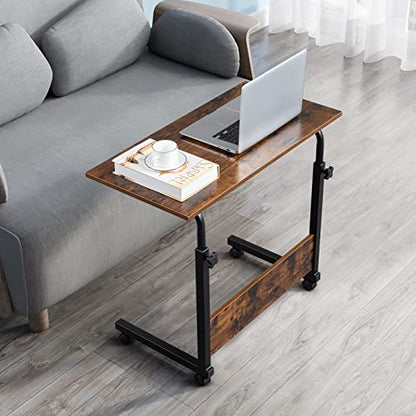 Sofa Side Table C Shaped End Table with Wheels, Rolling Bedside Laptop Table Snack Table TV Tray, Height Adjustable, Wooden Top & Metal Frame - color: Retro Brown, 31.5"
