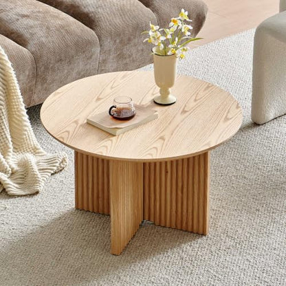 27" Round Coffee Table, Mid Century Modern Coffee Tables with Fluted Base, Wooden Circle Accent Center Table for Living Room Small Space Apartment Office, Oak - color: Oak, size: 27" Cross-leg Table