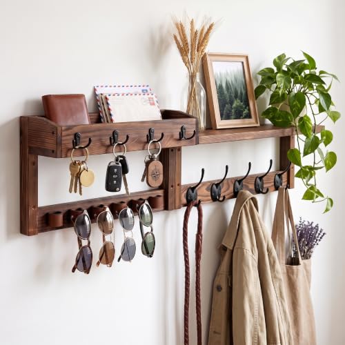 Wooden Key Holder Wall Mount with Shelf, Wall Key Rack and Mail Holder with 9 Key Hooks and 6 Sunglasses Holders, Farmhouse Key Hanger for Entryway Living Room Bedroom, Rustic Brown - color: Rustic Brown