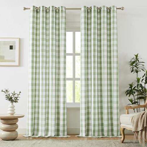 Amzdecor Buffalo Plaid Grommet Curtains 95 Inch Length,Semi-Sheer Check Textured Curtains Drapery for Living Room Bedroom Farmhouse,2 Panels （52" x 95",Sage Green & White） - color: Green/White, size: 52"W x 95"L (Pack of 2)