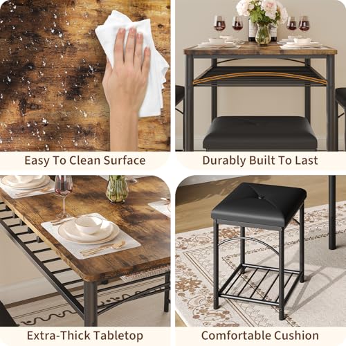 Space-Saving Dining Table Set for 4, Modern Kitchen Dinette with Padded Upholstered Bench & 2 Stools, Anti-Wobble Metal Frame Dining Furniture with Multi-Layer Storage Shelf, Waterproof Wood Grain Tab - color: Brown
