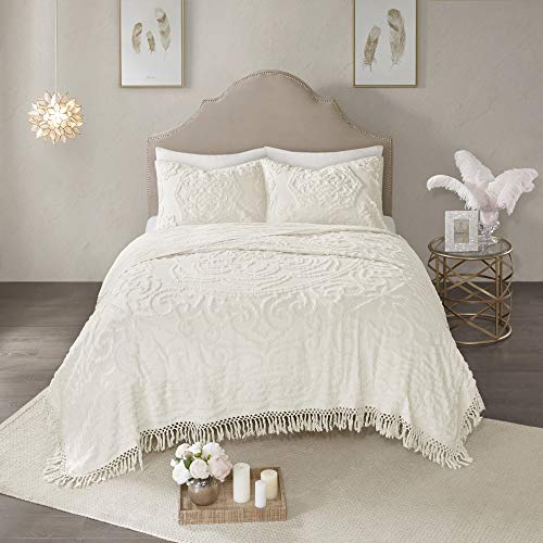Madison Park Laetitia Lightweight 100% Cotton Quilt Set, Breathable Chenille Tufted, Shabby Chic Boho Medallion Design, Sham, Floral Ivory w/ Tassels, King/California King (104 in x 92 in) 3 Piece | Lightweight Bedding Set, Shabby Chic, Boho, Medallion, F