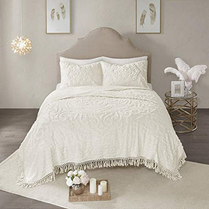 Madison Park Laetitia Lightweight 100% Cotton Quilt Set, Breathable Chenille Tufted, Shabby Chic Boho Medallion Design, Sham, Floral Ivory w/ Tassels, King/California King (104 in x 92 in) 3 Piece | Lightweight Bedding Set, Shabby Chic, Boho, Medallion, F