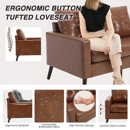 HNY Mid Century Modern 53" Loveseat Sofa, Comfy Upholstered Button Tufted Faux Leather 2 Seater Couch, Lounge Sleeper Love Seats for Small Spaces Living Room Apartment Bedroom, Brown