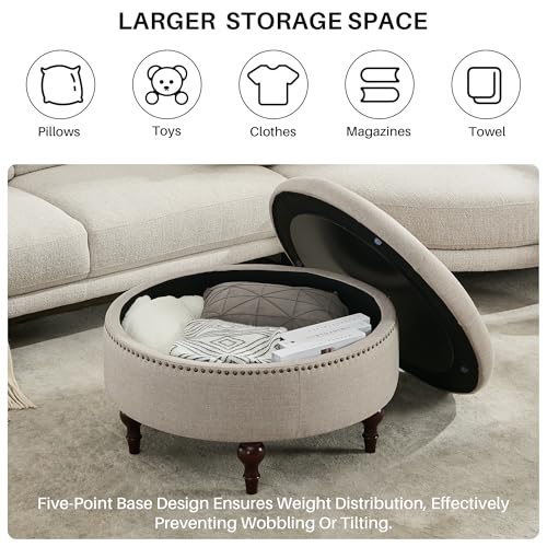 31.5"Large Round Storage Ottoman, Tufted Linen Ottoman Coffee Table | Upholstered Large Ottoman Footrest With Solid Wooden Legs and Nailheads for Living Room Bedroom Office, Light Khaki - color: Light Khaki