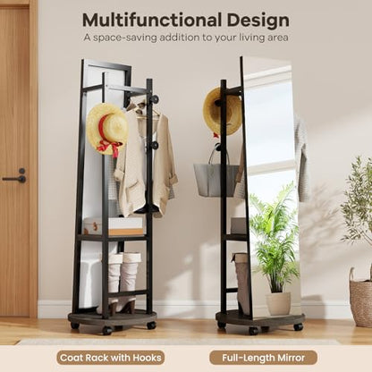 Tangkula 55" Full Length Mirror with Coat Rack, Standing Coat Tree | 2-Tier Shelves, Hanging Rods & Hooks, Explosion-Proof HD Mirror, 4-Wheel Swivel Design, For Entryway, Living Room, Bedroom - color: Black & Walnut
