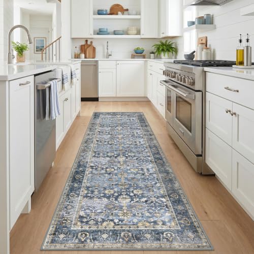 KUTA Vintage Washable Runner Rug 3x9 Blue Grey Beige Wide Hallway Runner | Non-Slip, Non-Shedding, Low Pile, Ultra Soft Distressed Flower Rugs For Kitchen Bathroom Entryway Bedroom Laundry Foyer - color: Blue Grey Beige, size: 3' x 9' (Runner)