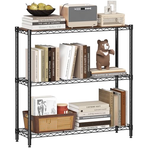 Homeiju 3-Tier Storage Rack, 29.8" Wide Heavy Duty Metal Shelving Unit, Top Tier with Removable Wood Board, 200 lbs Capacity per Shelf, for Pantry, Bathroom, Garage, Entryway, Plant Stand - color: Black, size: 29.8" W