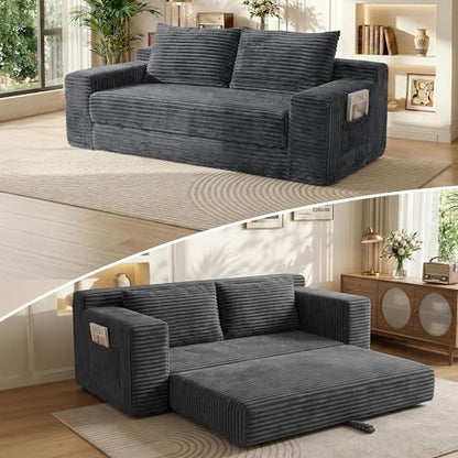 73" Convertible Sofa Bed, Corduroy Boneless Loveseat Sleeper, Gray | Fold Out Floor Couch Bed with 2 Pillows, Memory Foam Cloud Futon Couch for Living Room, Guest Room, Small Space, No Assembly