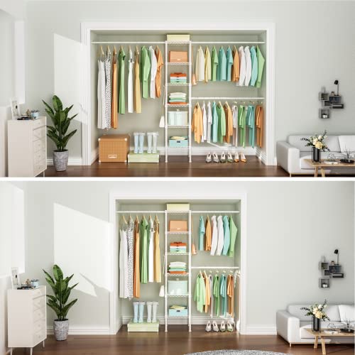 M1 Closet Storage Organizer System, 6 Tiers Heavy Duty Metal Garment Rack with 3 Expandable Hanger Rods, Wall Mounted Space Saver Suits from 5.4-8.7 ft. Width, 71.2”H x 14”D, 700LBS, White - color: White