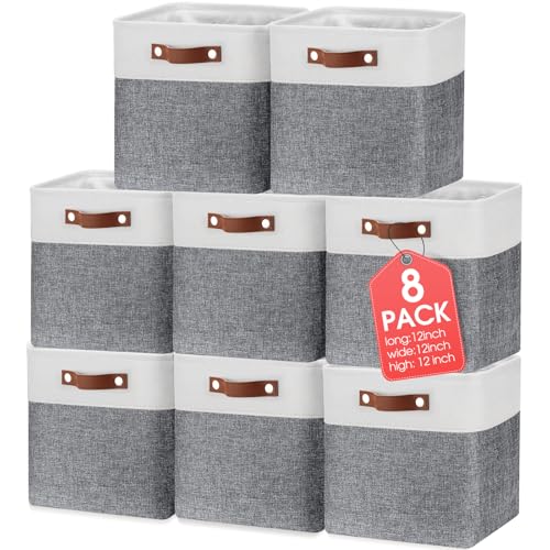 Uiifan 8 Pack 12 x 12 x 12 Inch Large Storage Baskets Collapsible Fabric Storage Cubes Bins with Handles for Shelves Closets Nursery Home Clothes Toys Organizers, Gray - color: Gray, size: 12 x 12 x 12 Inch