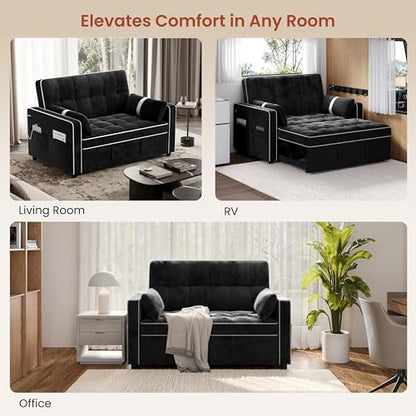 Yaheetech 3 in 1 Sofa Bed Convertible Sleeper Sofa with USB Ports, Black | Velvet Pull Out Couch Folding Loveseat Sleeper, Armrest Pillows, USB Ports, Side Pockets for Living Room Bedroom Apartment - color: Black