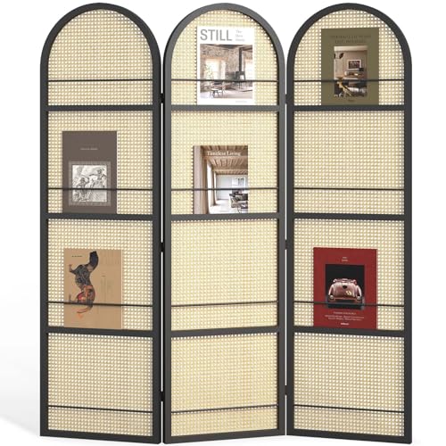 Rattan Room Divider with Built-in Bookshelf | Foldable Privacy Screen & Portable Partition for Home Office, Bedroom, Reading Nook | Wooden Frame, Freestanding Design (Black-Rattan) - color: Black-rattan