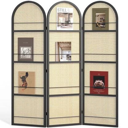 Rattan Room Divider with Built-in Bookshelf | Foldable Privacy Screen & Portable Partition for Home Office, Bedroom, Reading Nook | Wooden Frame, Freestanding Design (Black-Rattan) - color: Black-rattan