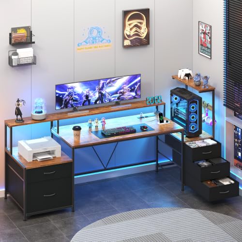 63" Gaming Desk with Drawers, Storage Shelves and Printer Stand | Computer Desk with Monitor Stand and LED Lights, Reversible Home Office Desk with Printer Shelf, Rustic Brown - color: Rustic Brown