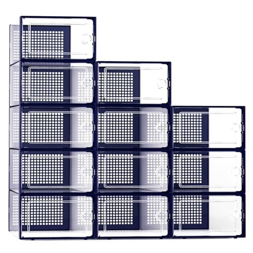 Kuject X-Large Shoe Storage Boxes 12 Pack, Clear Stackable Shoe Organizer | Shoe Case for Closet, Entryway & Under-Bed Storage, Drop-Front Design, Space-Saving Solution for Family Organization,Blue - color: Blue, size: X-Large