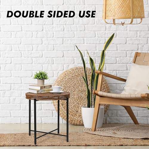 DINGTAI Brown Small Round End Table, 19in Rattan End Tables, Wicker Rattan Side Table, Round Sofa Side Table, Indoor Outdoor Side Tables for Patio, Living Room Bedroom Office