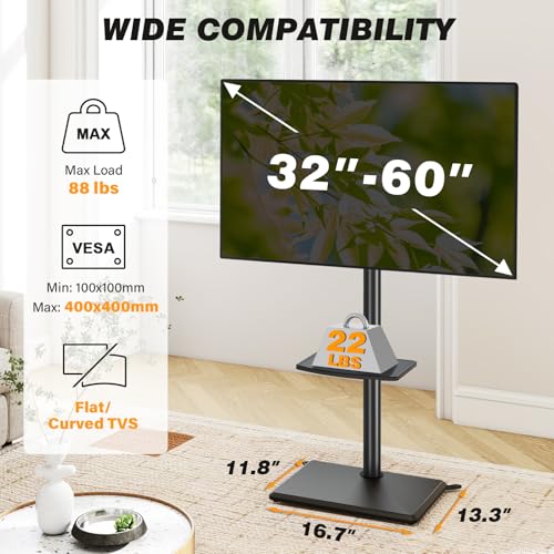 5Rcom Floor TV Stand with Mount for 32-60 inch TVs, Swivel and Height Adjustable Floor Standing TV Stands with Wood Base, Tall TV Stand with Shelf up to 88 lbs for Living Room, Bedroom and Corner