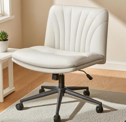 Marsail Criss Cross Chair with Wheels: PU Leather Cross Legged Office Chair Wide Armless Desk Chair Swivel Height Adjustable Vanity Chair for Make Up,Small Space,Bed Room(Beige) - color: Beige