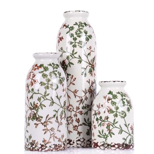 Green Ceramic Vase Set of 3 - Modern Rustic Farmhouse Style, Decorative Vases for Dining Table, Shelf, Bedroom, Living Room, Kitchen, Office, Bathroom, Mantle, Centerpiece Décor (Green) - color: Green