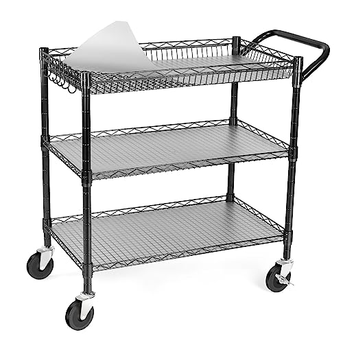 990Lbs Capacity Heavy Duty Rolling Utility Cart, NSF Rolling Carts with Wheels,Commercial Grade Metal Cart with Handle Bar & Shelf Liner,Trolley Serving Cart for Restaurant,Kitchen,Black - color: Black-3 Tier