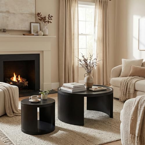 Round Nesting Coffee Table Set of 2, 31.5 and 18 in, Black | Round coffee table set, nesting tables for living room, use separately, space-saving design - color: Black