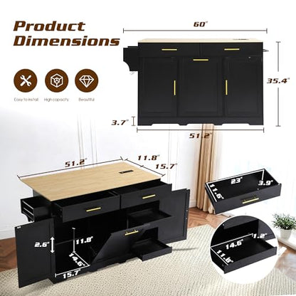 60" Kitchen Island with Power Outlet, Drop Leaf, Trash Can Storage | Rolling Kitchen Island Table Cart Cabinet with Drawer, Mobile Kitchen Cabinet on Wheels w/Spice Rack, Towel Bar, Hooks - color: Black, size: 60"