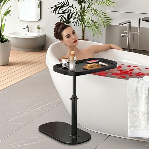 Adjustable Height C Shaped Side Table, Couch Tables That Slide Under, C Side Table Raised Edge, 360°Swivel C Shaped End Table, Small Coffee C Table, End Table for Sofa/Bed/Bathtub - color: Black