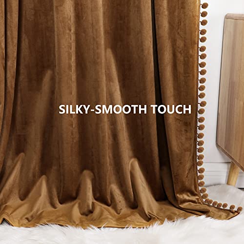 Benedeco Pom Pom Velvet Blackout Curtains 52x84, Toffee Camel, 2 Panels | Elegant Room Darkening Thermal Insulated Energy Saving Noise Reducing Boho Drapes for Bedroom, Living Room - color: A-camel, size: 52"W x 84"L (Pack of 2)