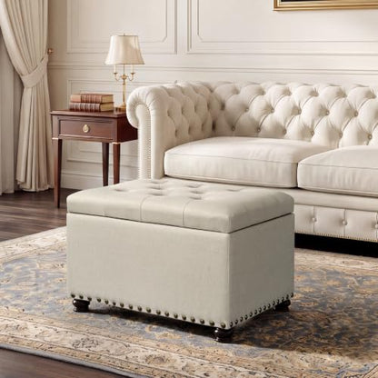 Ottoman with Storage,24" Fabric Ottoman Foot Rest with Hinged Lid Small Rectangle Upholstered Button Tufted Foot Stools Ottomans for Bedroom Living Room Entryway,Beige - color: Beige,bronze Rivets