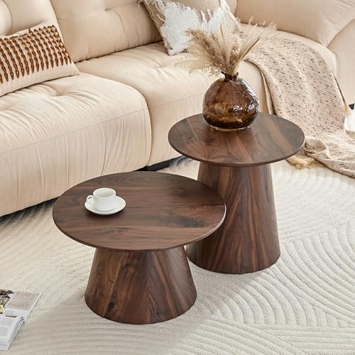 Walnut Coffee Table Set of 2, Mid Century Nesting Tables with Natural Walnut Grain Round Tabletop & Wooden Cone Base, Round Layered Low Profile Accent Tables Ideal for Living Room, APT, Small Space - color: Walnut Nesting Coffee Table