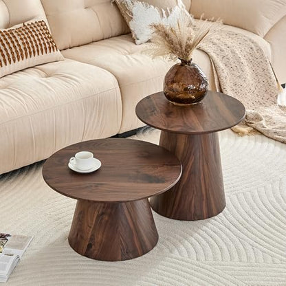 Walnut Coffee Table Set of 2, Mid Century Nesting Tables with Natural Walnut Grain Round Tabletop & Wooden Cone Base, Round Layered Low Profile Accent Tables Ideal for Living Room, APT, Small Space - color: Walnut Nesting Coffee Table
