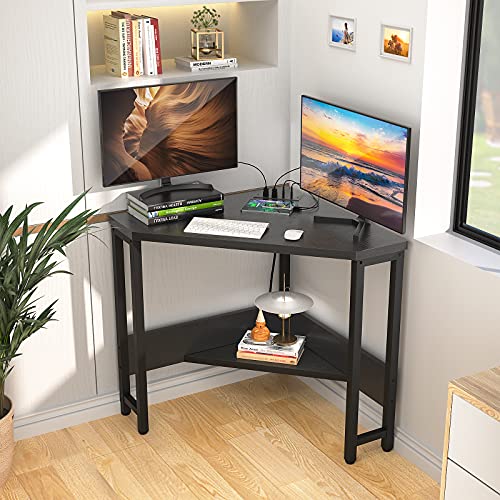 Corner Desk Small Desk with Outlets Corner Table for Small Space, Computer Desk with USB Ports Triangle Desk with Storage for Home Office, Workstation, Living Room, Bedroom, Black - color: Black