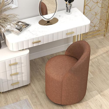 HNY Upholstered Kitchen & Dining Room Barrel Chair, Mid Century Modern Round Leather Dining Chair, 360 Degree Swivel Comfy Armless Accent Makeup Vanity Side Chair for Bedroom Living Room, Brown - color: Brown