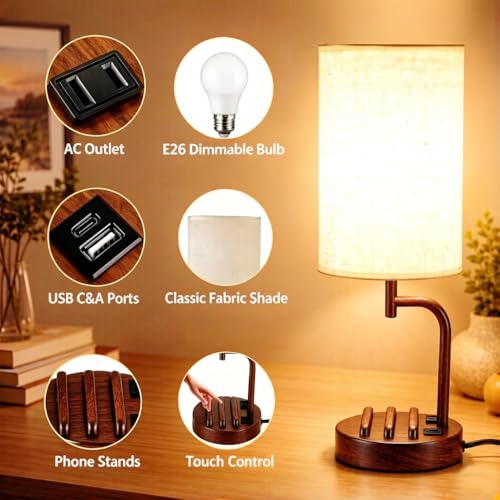 Dreamholder Touch Control USB Table Lamp with USB C/A & AC Outlet, 3-Way Dimmable Bedside Lamp, Modern Nightstand Lamps for Bedroom Living Room Guest Room Office, Bulb Included, Walnut - color: Wanut