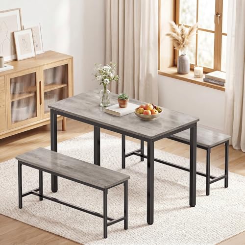 Dining Table Set for 4, Kitchen Table with 2 Benchs, Grey | Modern Functional 3 Piece Space-Saving Dining Room Table Set for Apartment, Breakfast Nook, Small Space - color: Grey
