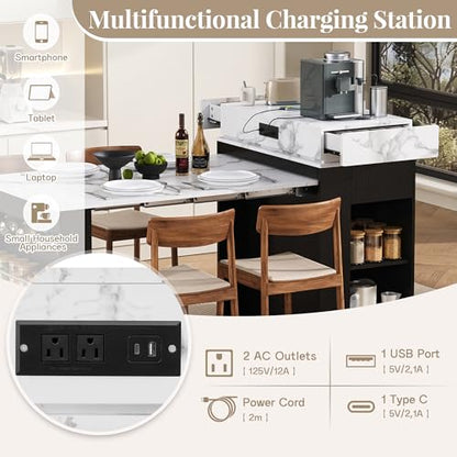Extendable Dining Table with Folding Tabletop & Power Outlet, Modern Kitchen Island Sideboard with Wheels, Hidden Drawers & USB Charging, Sturdy Buffet Table for Small Spaces (Black) - color: Black