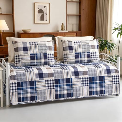 Jarson 3 Pcs Plaid Daybed Cover Set Twin Size Navy White Brown Sofa Cover Double Side Bed Set Classic Patchwork Bedding Sets Daybed Quilt Set with Pillow Shams - color: Navy White Brown