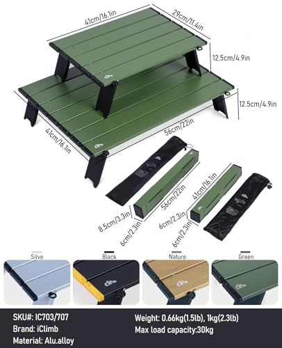 Ultralight Compact Mini Folding Alu. Table (Green - S) | with Carry Bag, for Camping Backpacking Hiking Beach Picnic - color: Green, size: Small