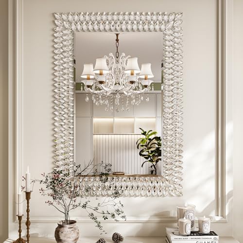 Kelly Miller 28"x40" Jeweled Luxury Rectangle Decorative Wall Mirror | Elegant diamond beveled vanity mirror. Perfect large wall mirror for living room, bathroom, entryway. - size: 40"L x 28"W
