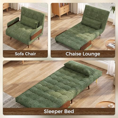 JASIWAY 28" Mid-Century Convertible Sofa Chair Bed Sleeper for Adult, Futon | Space Saving, Sturdy Green Chenille Convertable Guest Bed with Adjustable Backrest, Folding Sofa Chair with Walnut Armrest - color: Mid-century Green, size: 27.6" W Sleeper Chai