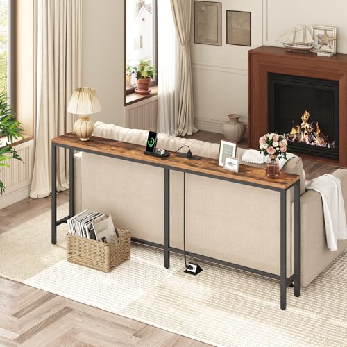 MAHANCRIS 70.9'' Console Table with Power Outlet, Narrow Sofa Table with Charging Station, Skinny Behind Couch Table for Entryway, Hallway, Foyer, Living Room, Rustic Brown CTHR18E01Z1 - color: Rustic Brown, Black, size: 70.9"L x 7.9"W x 31.7"H