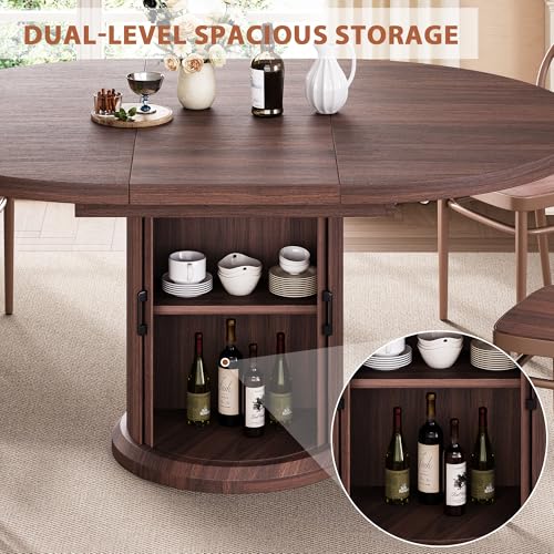 Jocoevol 47″–63″ Extendable Round Dining Table for 4–8 with Dust-Proof 2-Tier Storage Shelf Space Saving Expandable Wood Oval Circle Dinner Furniture with Pedestal Base (Brown) - color: Brown