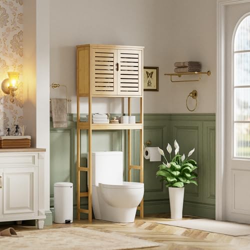 SMIBUY Bathroom Over The Toilet Storage Cabinet, 2 Door Bamboo Cabinet Organizer, Freestanding Space Saver Toilet Rack with Adjustable Inside Shelf and Open Shelf (Natural) - color: Natural